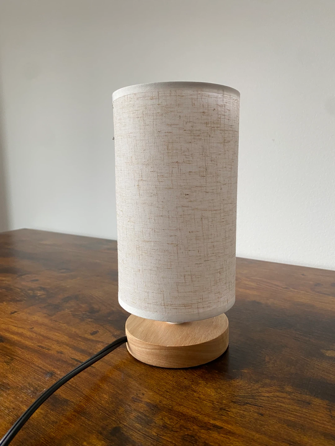 Cylindrical Fabric Table Lamp with Wood Base