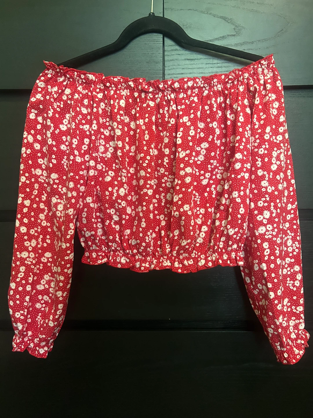 S - Red Floral Off-the-Shoulder Top