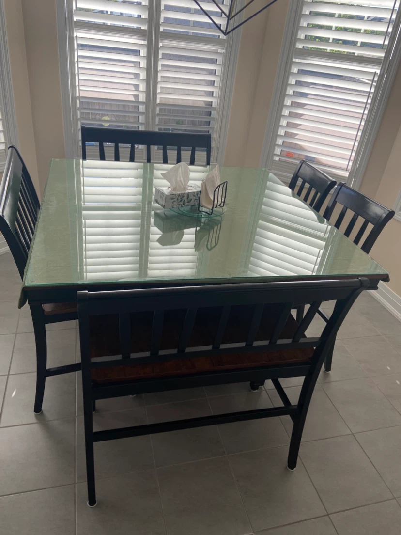 Glass Top Dining Table with Chairs and Bench