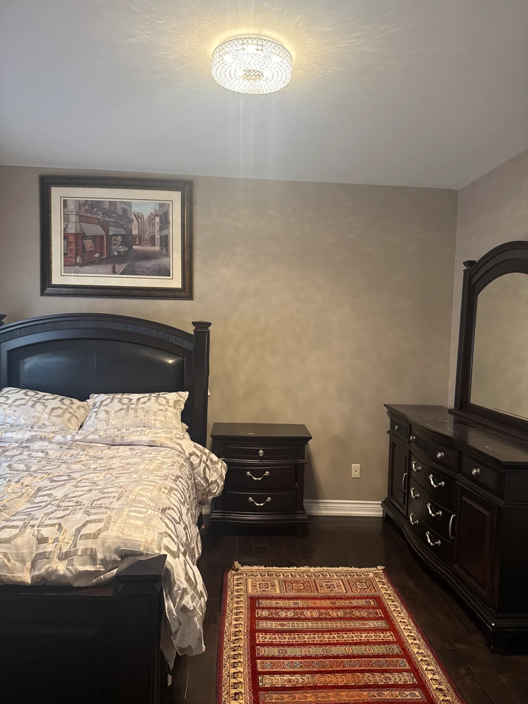 Queen size bedroom set , Dark Wood Nightstand with 3 Drawers