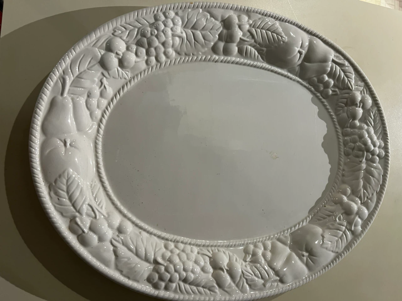 White Oval Platter with Embossed Fruit Design