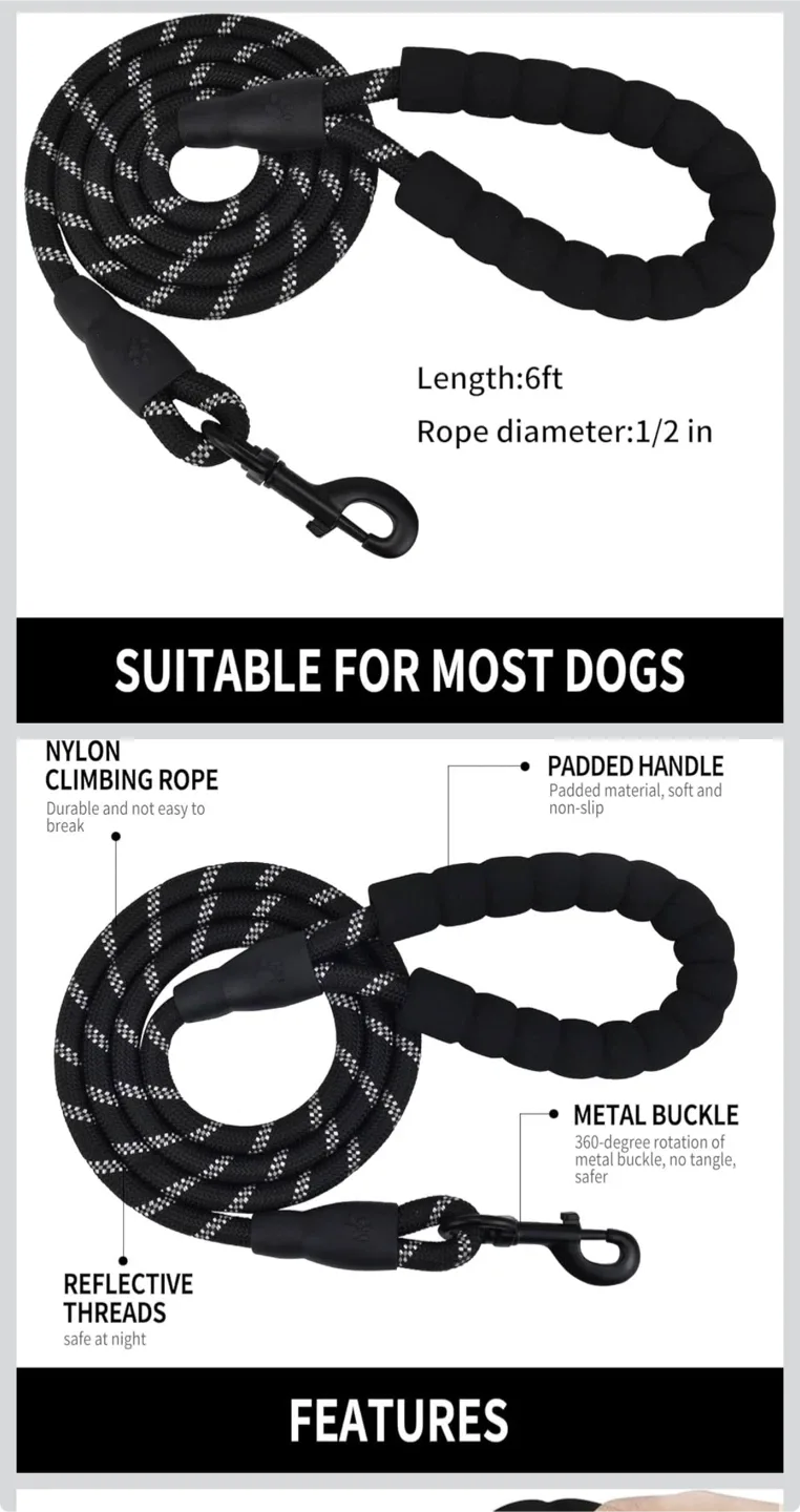 Black Nylon Dog Leash with Padded Handle