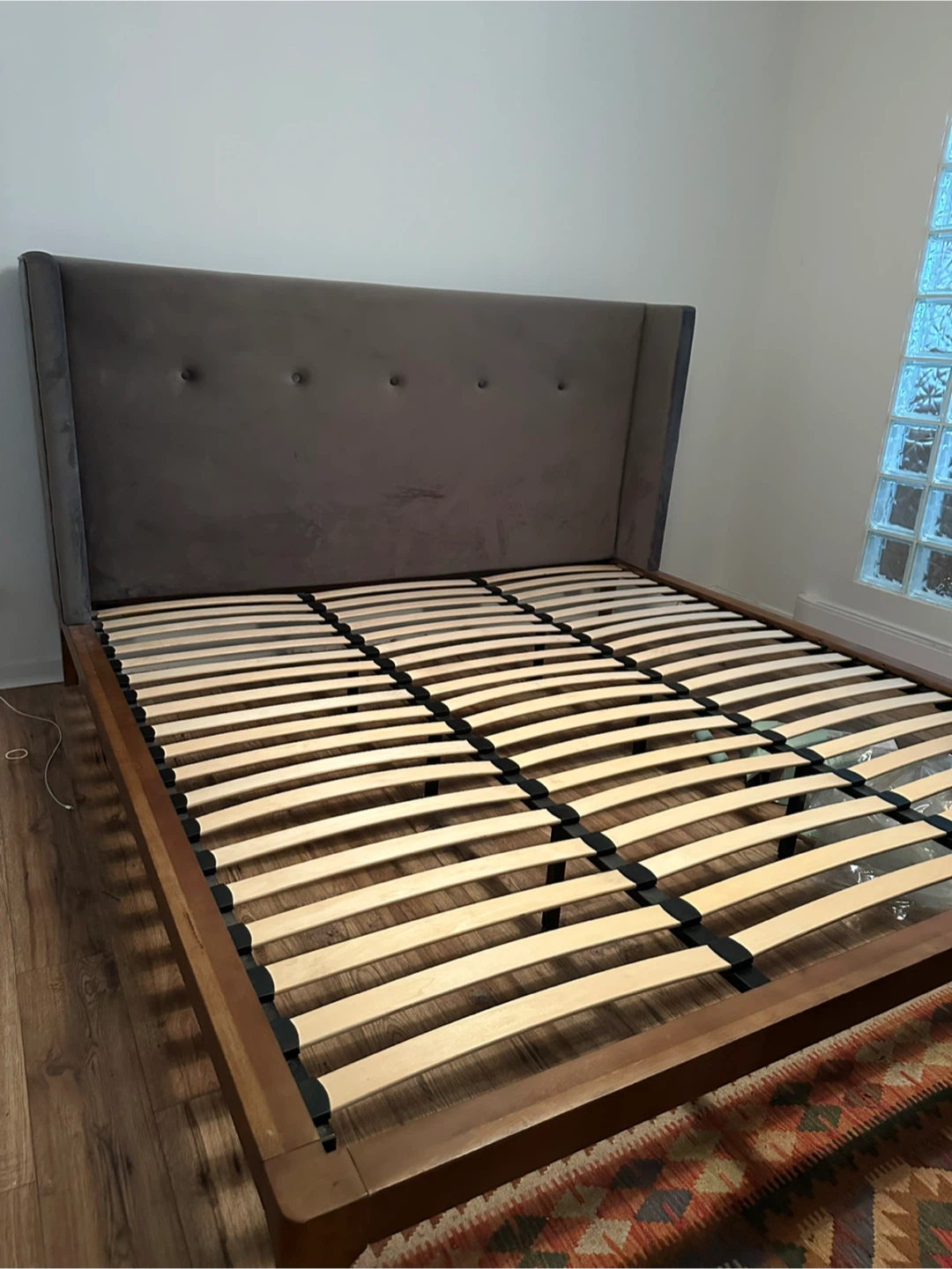 King Upholstered Bed Frame Grey Velvet Slats Included