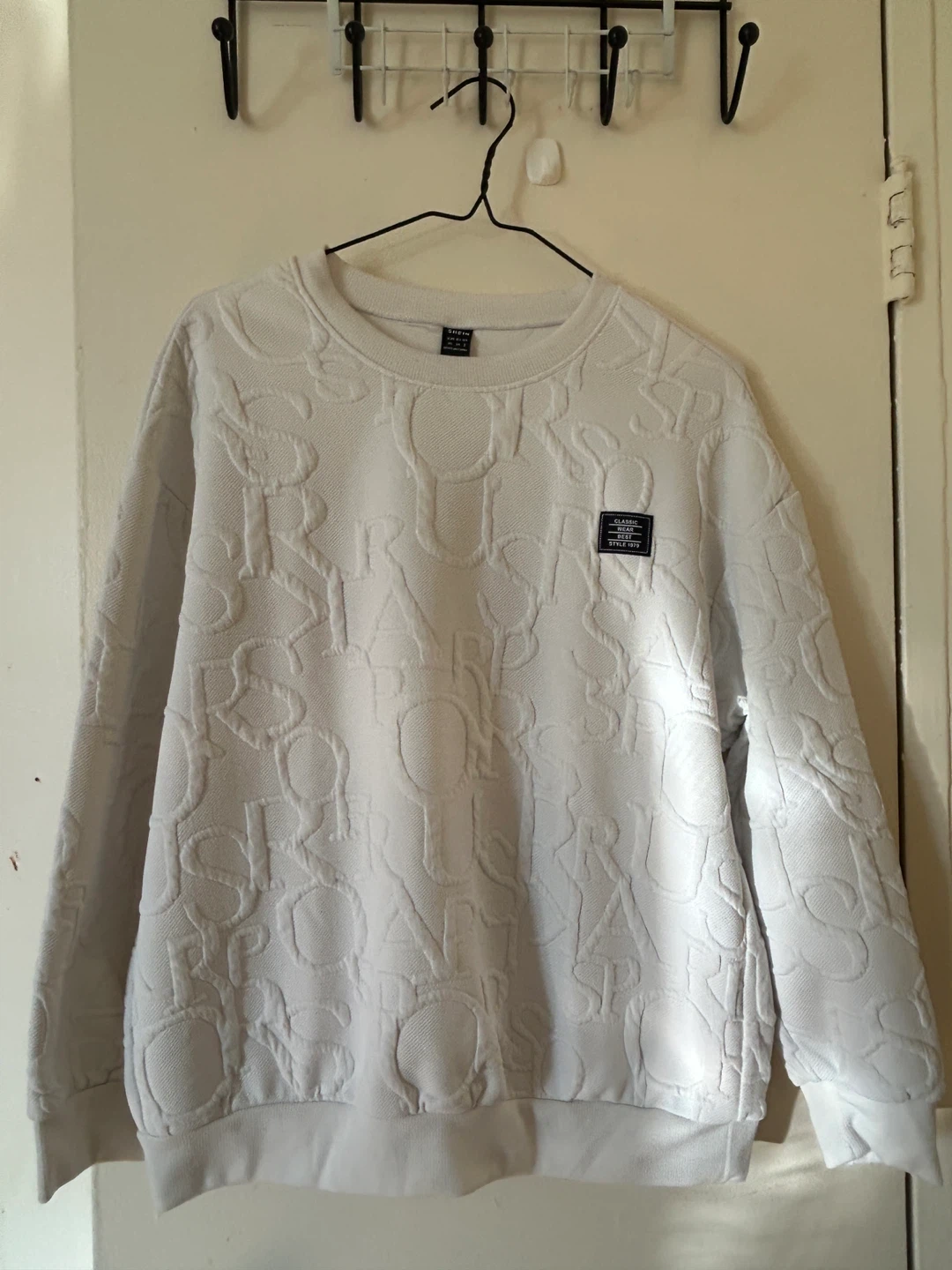White Textured Logo Crewneck Sweatshirt