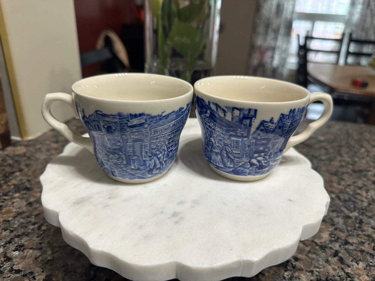 Vintage Blue and White Village Scene Teacups - Set of 2