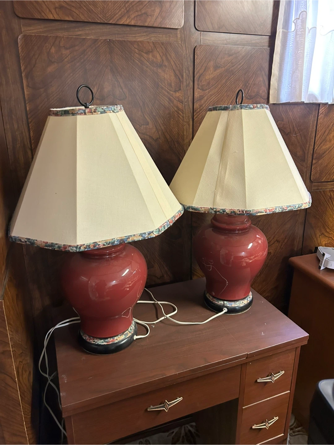 Pair of Red Ceramic Table Lamps with Cream Shades