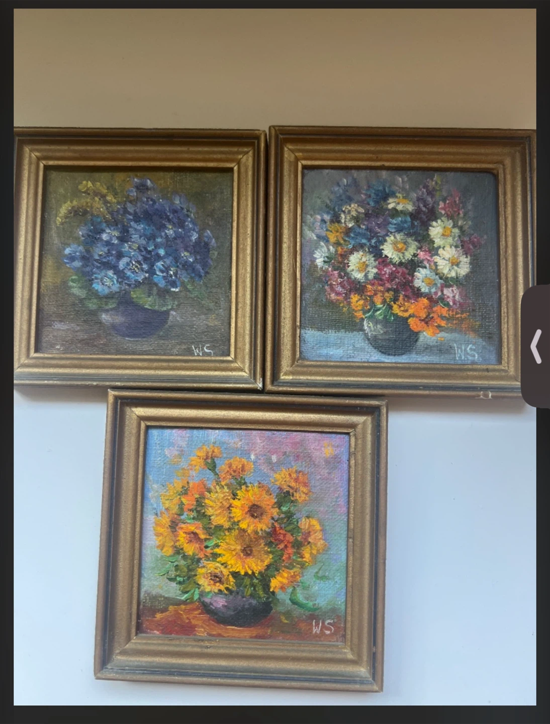 soviet era vintage Set of 3 Framed Floral Oil Paintings