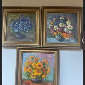 soviet era vintage Set of 3 Framed Floral Oil Paintings