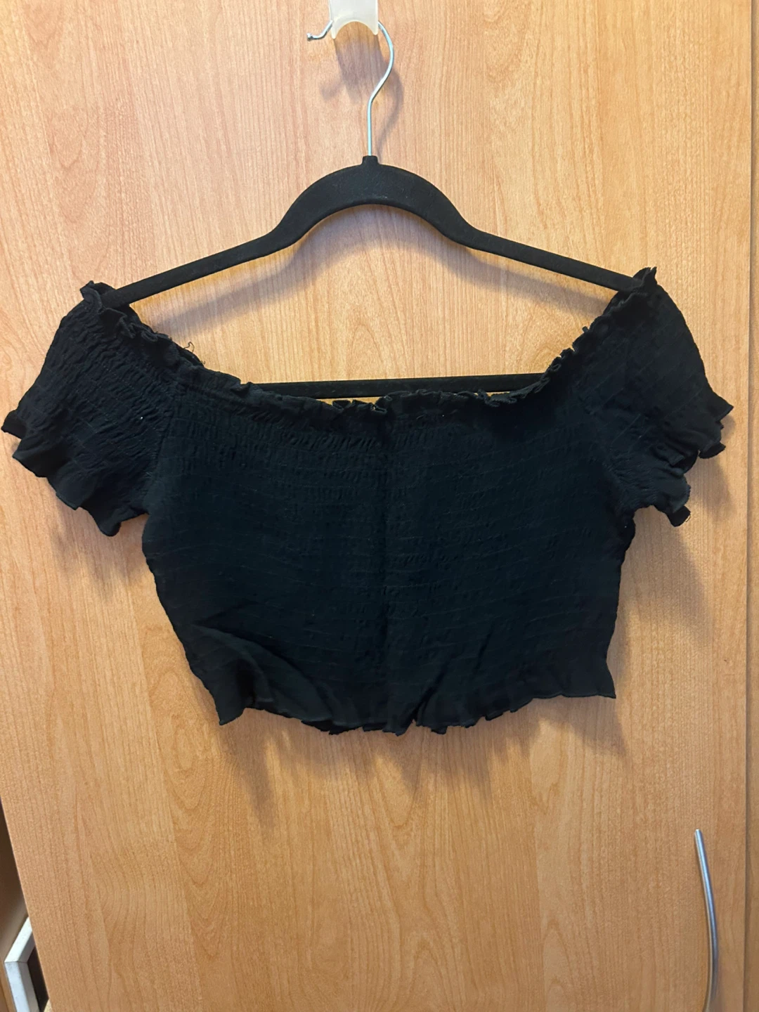 L - Black Smocked Off-the-Shoulder Crop Top - photo 2
