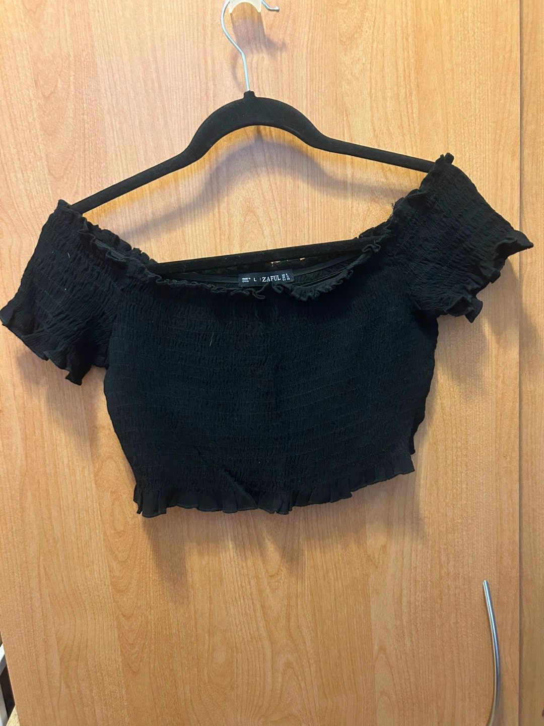 L - Black Smocked Off-the-Shoulder Crop Top