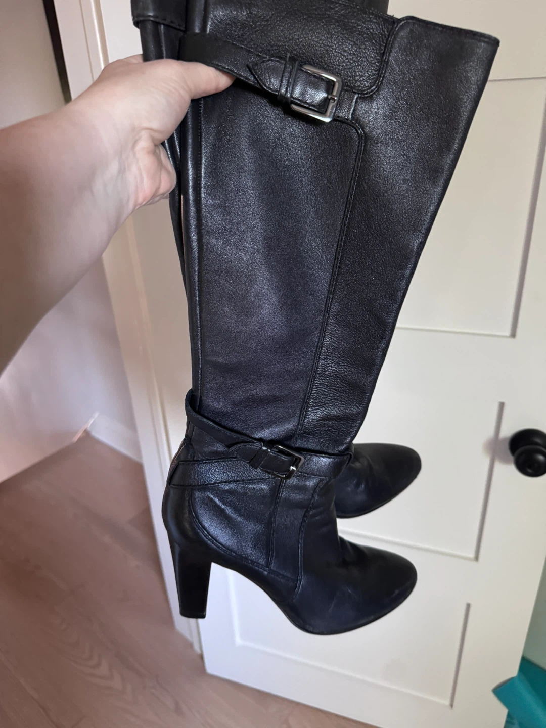 Black Leather Cole Haan High Boots with Buckle Detail