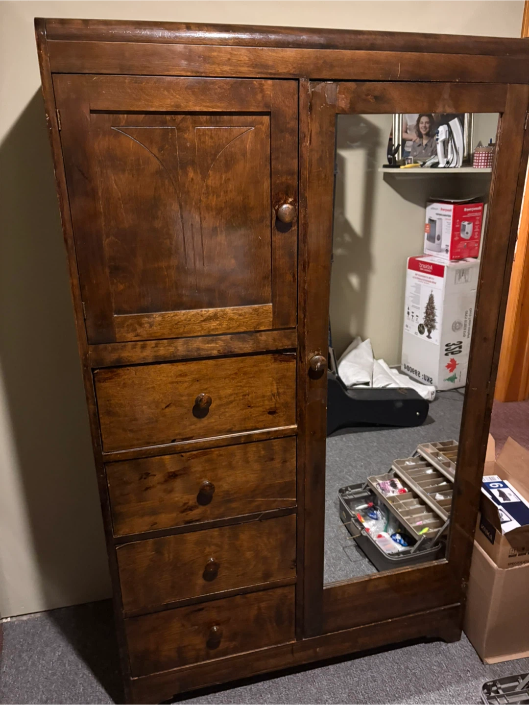 Vintage Wooden Wardrobe Armoire with Mirror and Drawers - photo 2