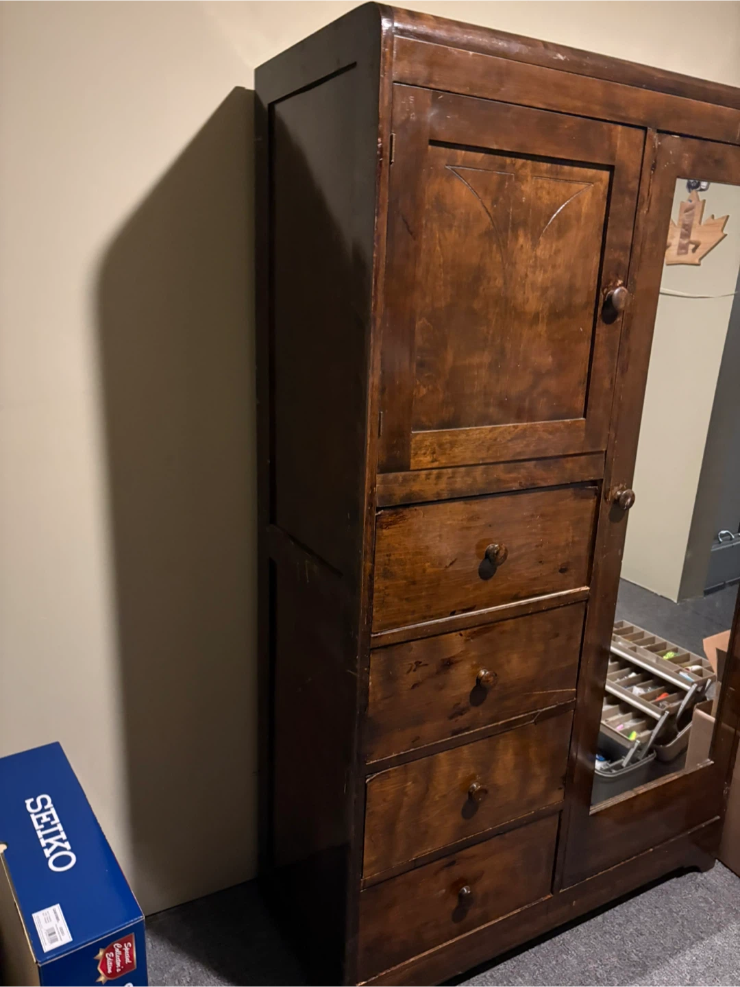 Vintage Wooden Wardrobe Armoire with Mirror and Drawers - photo 3