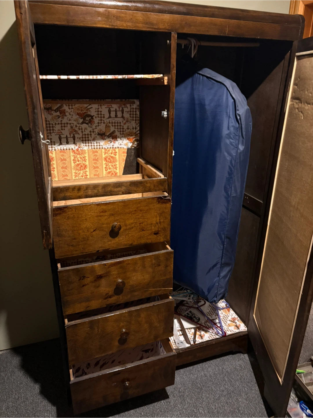 Vintage Wooden Wardrobe Armoire with Mirror and Drawers - photo 4