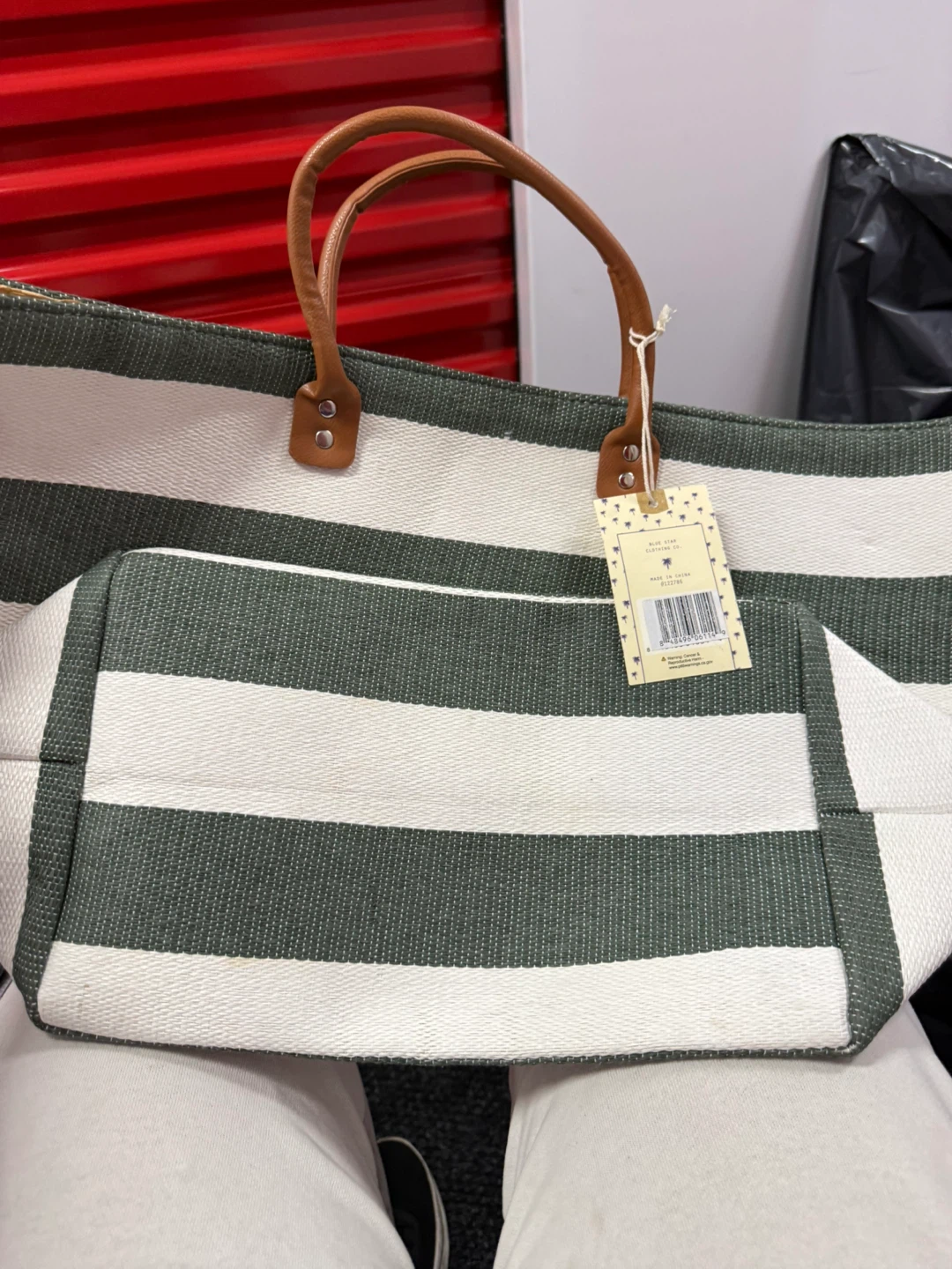 Striped Tote Bag with Leather Handles