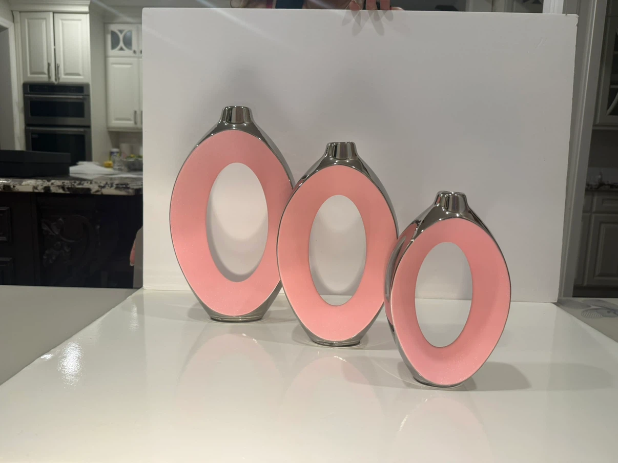 Set of 3 Oval Pink and Silver Decorative Vases