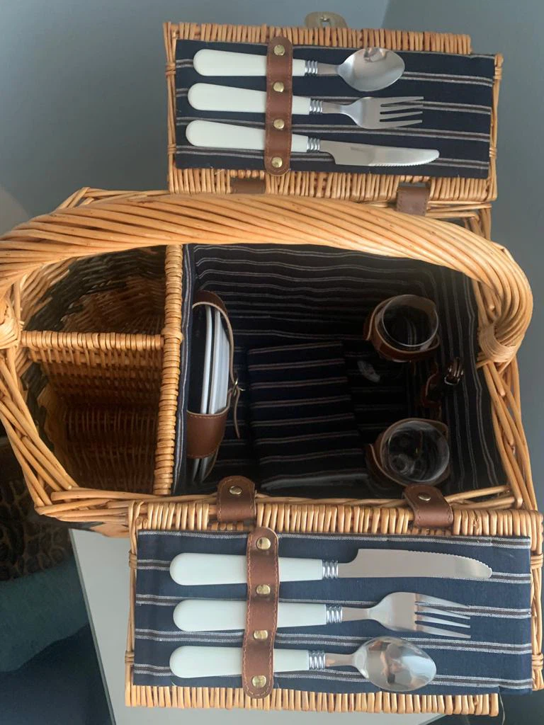 Wicker Picnic Basket with Utensils and Glasses