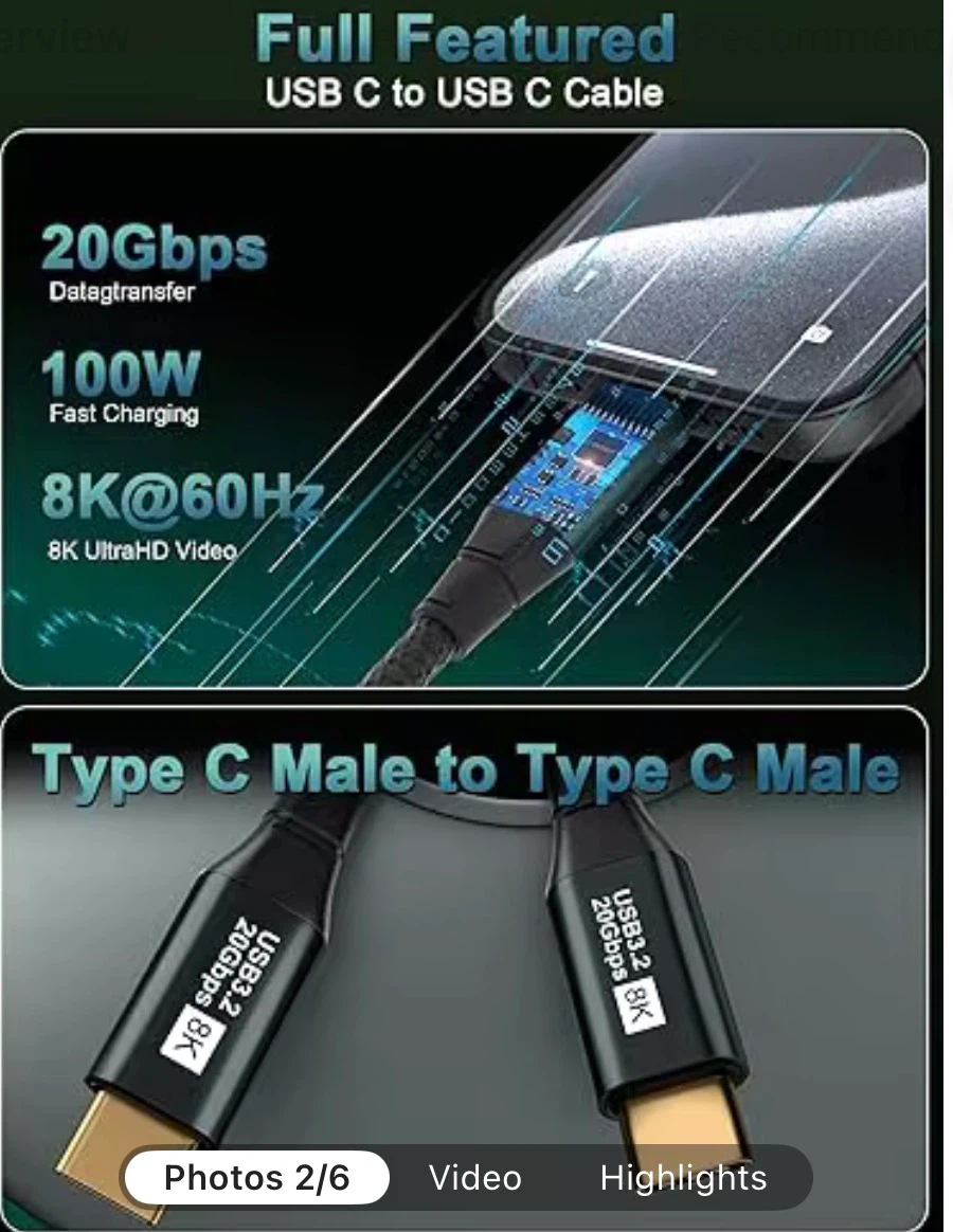 USB-C to USB-C 3.2 Cable - 8K, 20Gbps, 100W - photo 2