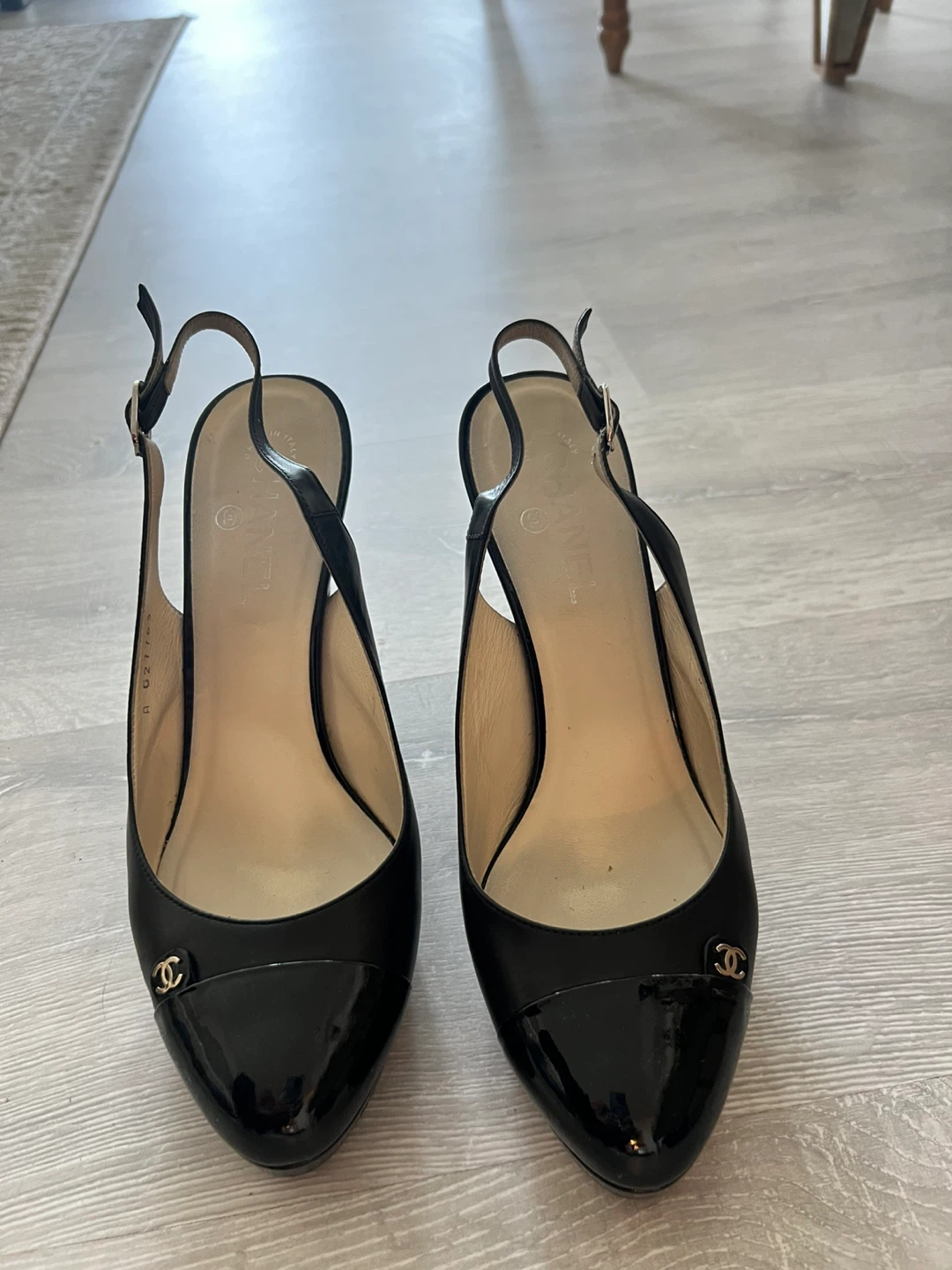 Chanel Black Patent Leather Slingback Heels