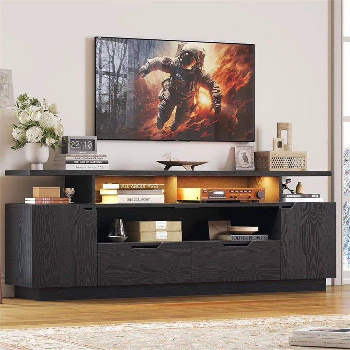 Black Wood Entertainment Unit with Shelving and Drawers