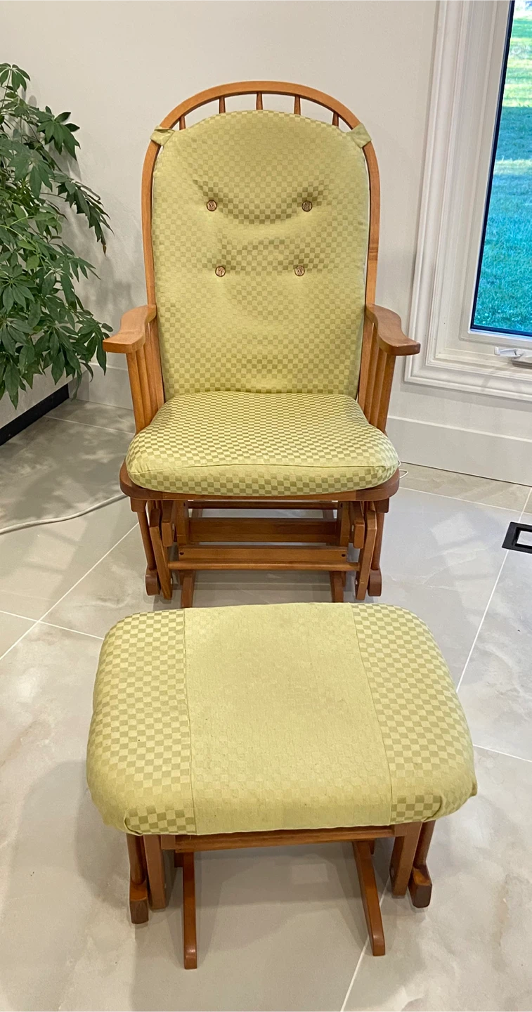 Wooden Glider Rocking Chair with Ottoman - Light Green Checkered