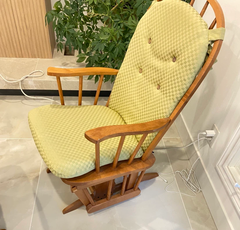 Wooden Glider Rocking Chair with Ottoman - Light Green Checkered - photo 2