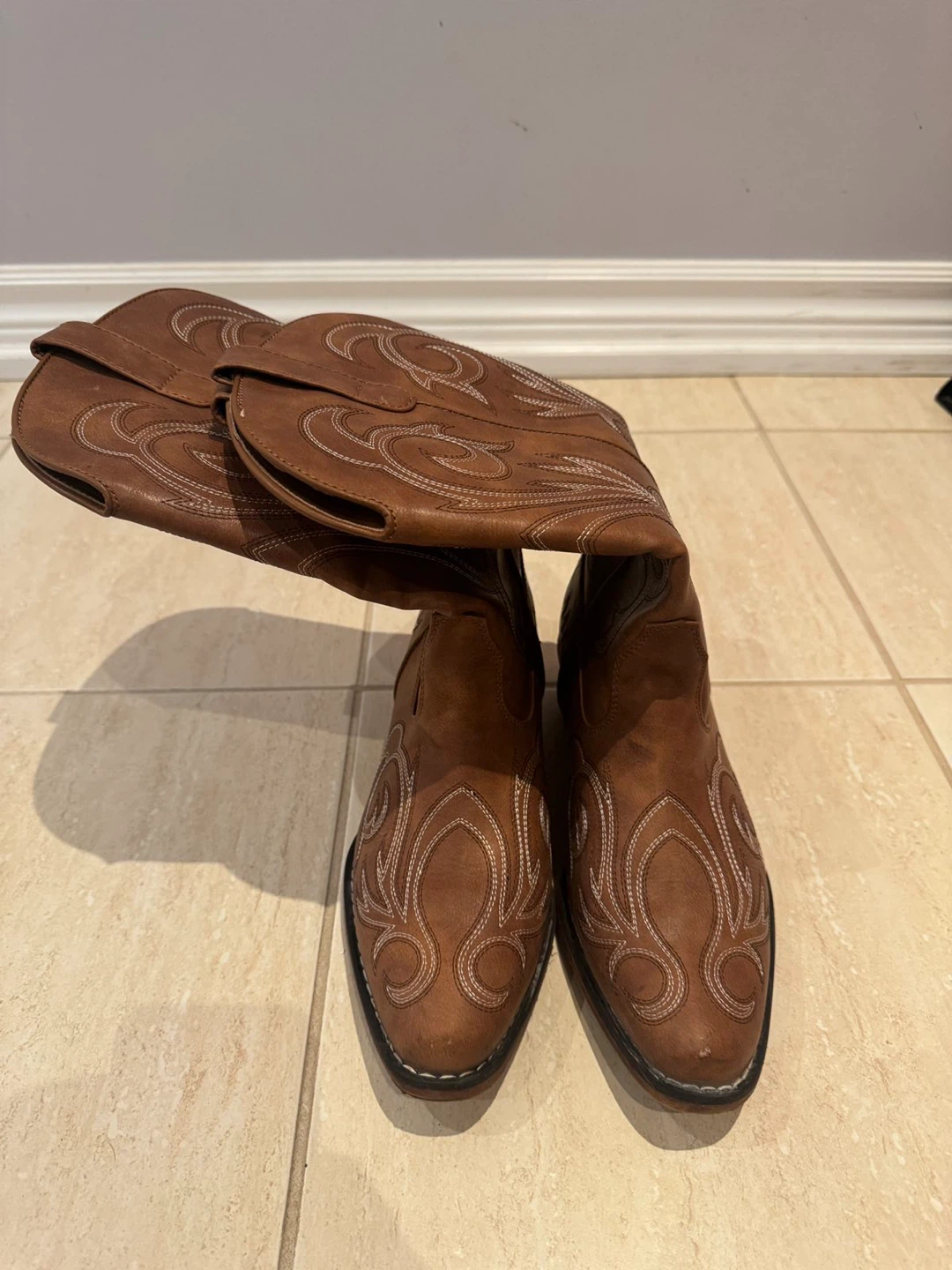 Brown Faux Leather Cowboy Boots