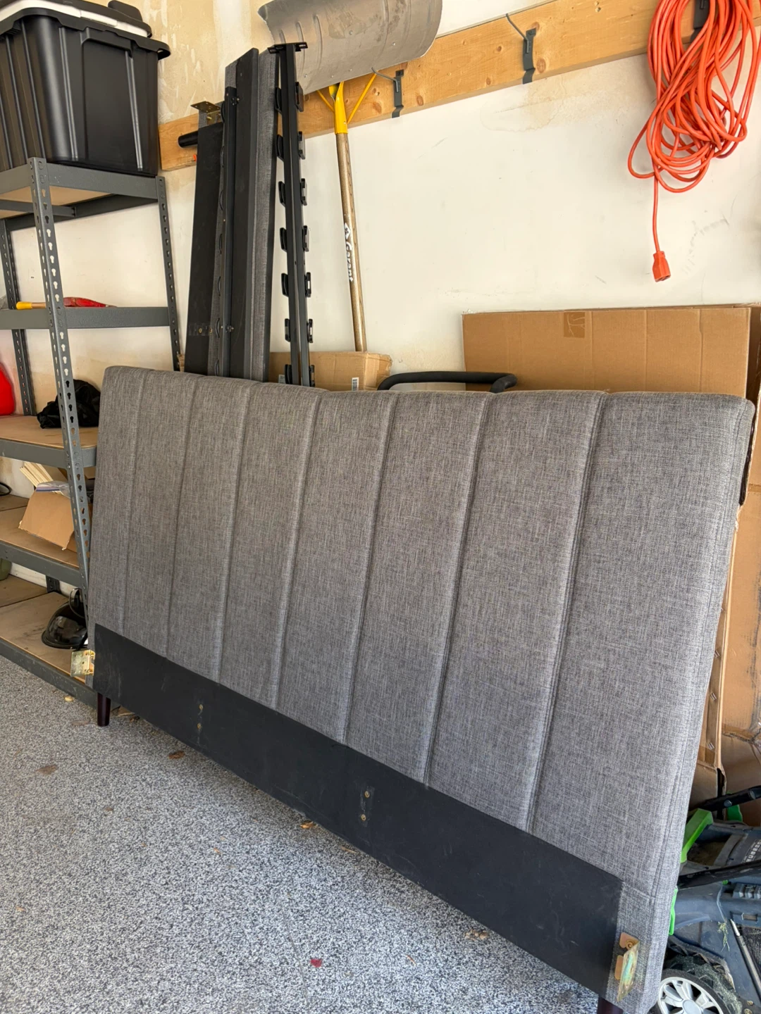Grey Fabric Upholstered Headboard, Frame, and Bed Slats