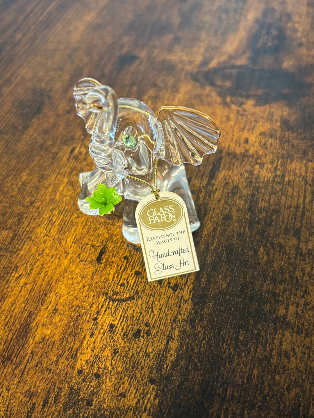 Glass Baron Lucky Elephant Figurine 4 Leaf Clover Original Tag