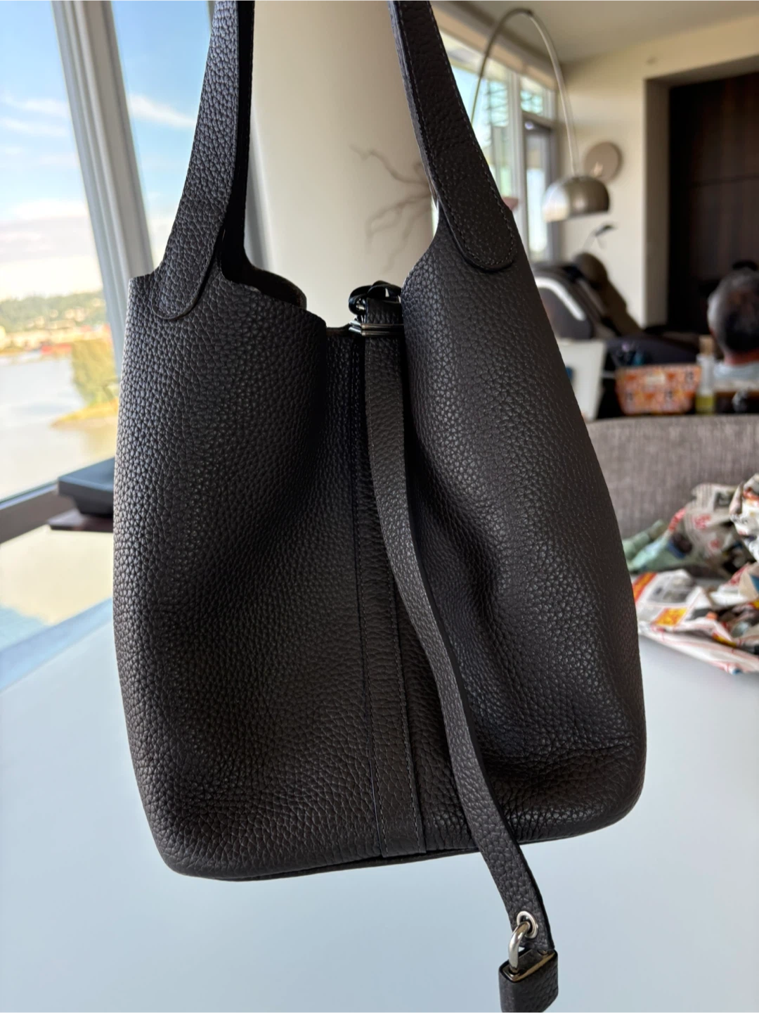 Dark Grey Pebbled Leather Bucket Bag - photo 2
