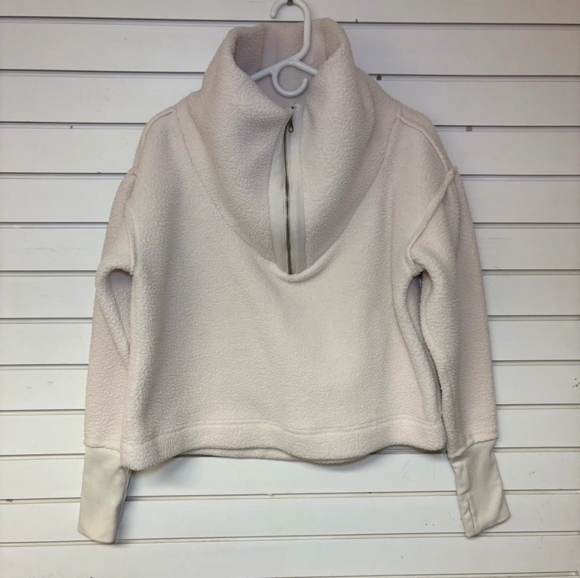 Free People White Sherpa Fleece Half-Zip Pullover Sweater