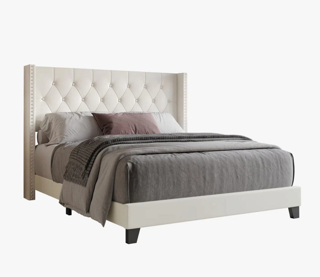 Tufted Wingback Bed Frame - Queen Size - Off-White