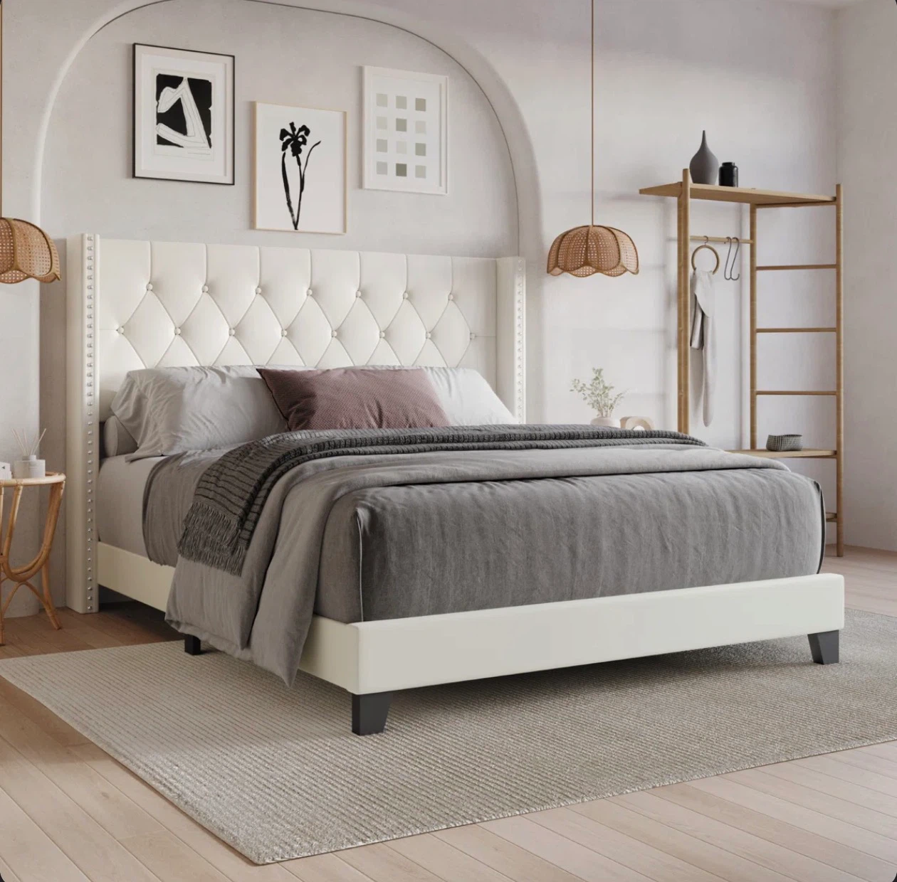 Tufted Wingback Bed Frame - Queen Size - Off-White - photo 3