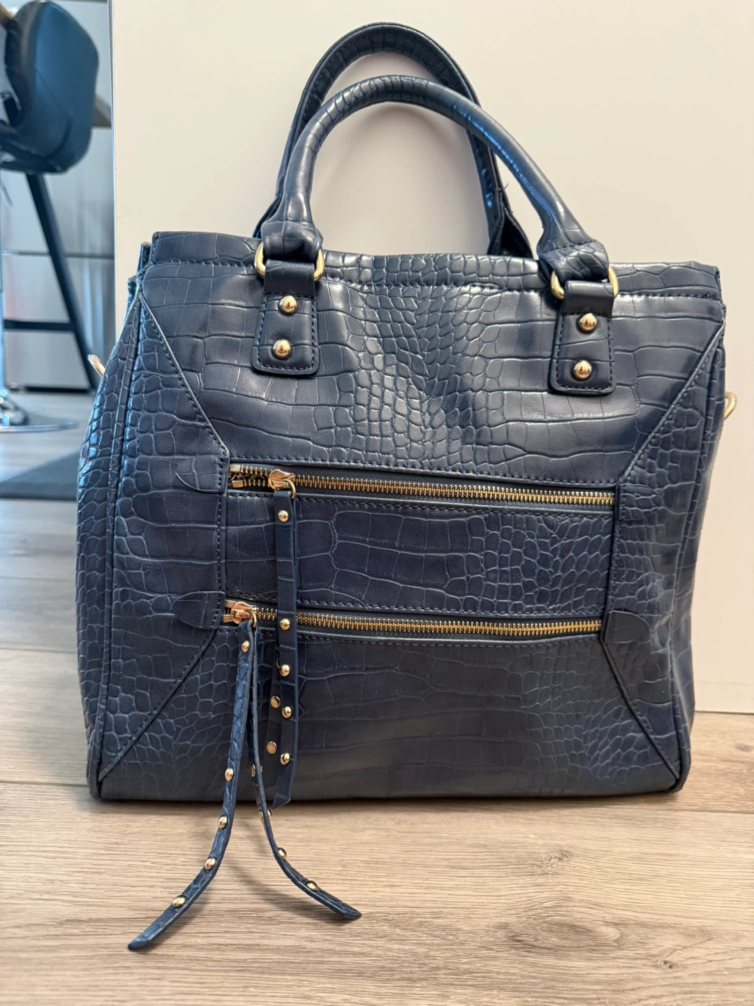 Navy Blue Faux Croc Tote Bag with Gold Accents