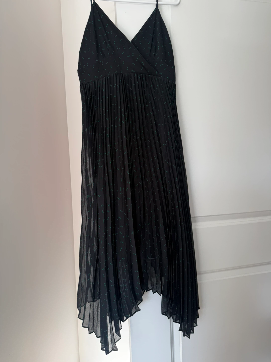 Black Pleated Mini Dress with Green Polka Dots