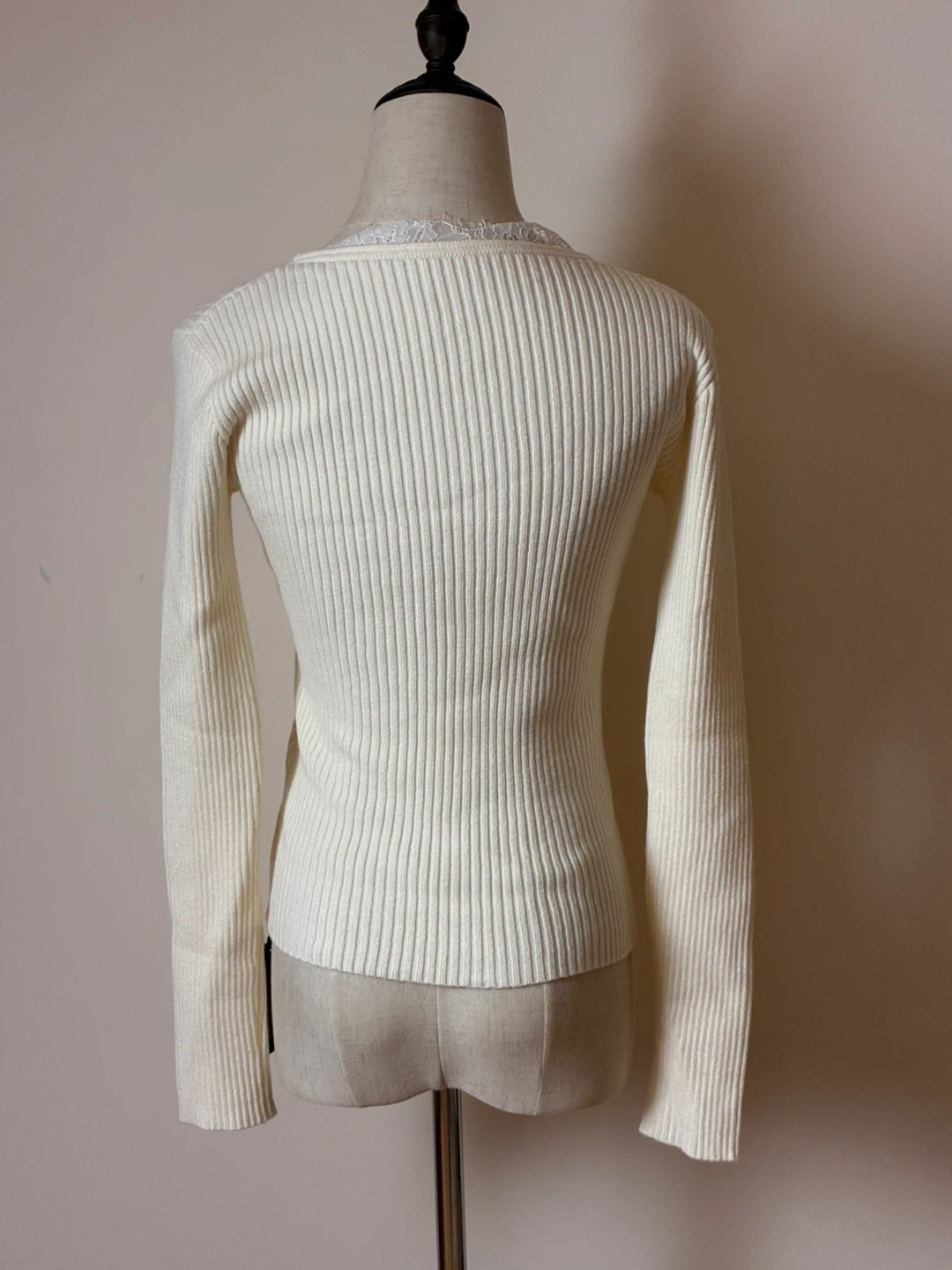 Cream Ribbed Twist Front Lace Trim Sweater - photo 2
