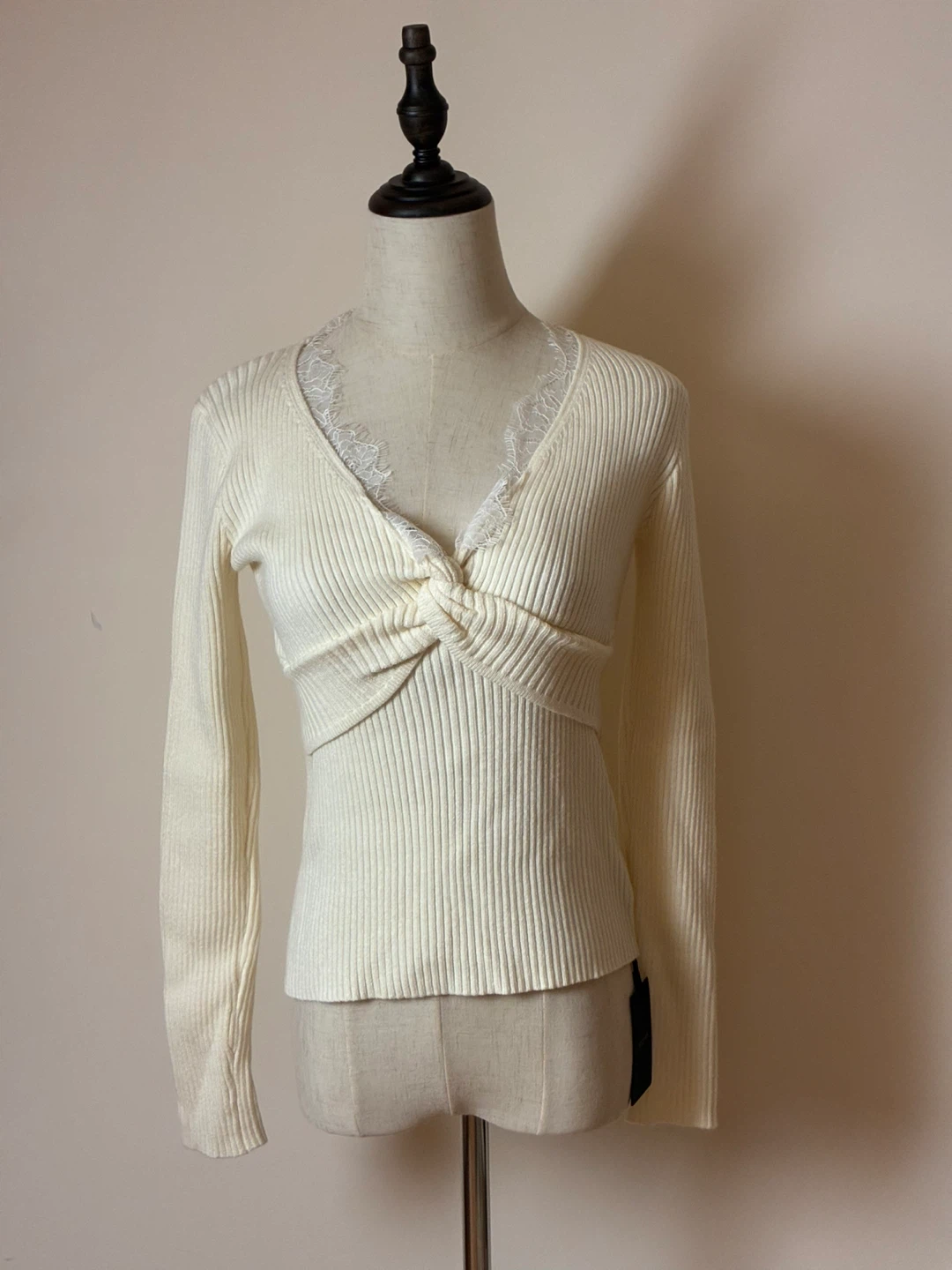 Cream Ribbed Twist Front Lace Trim Sweater