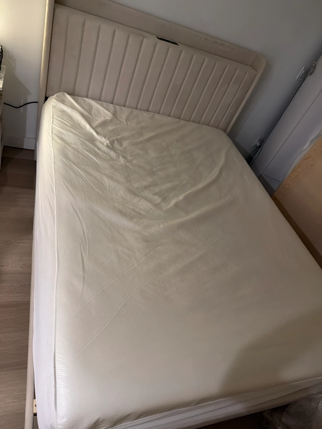 Upholstered Headboard Bed Frame with Integrated Nightstand
