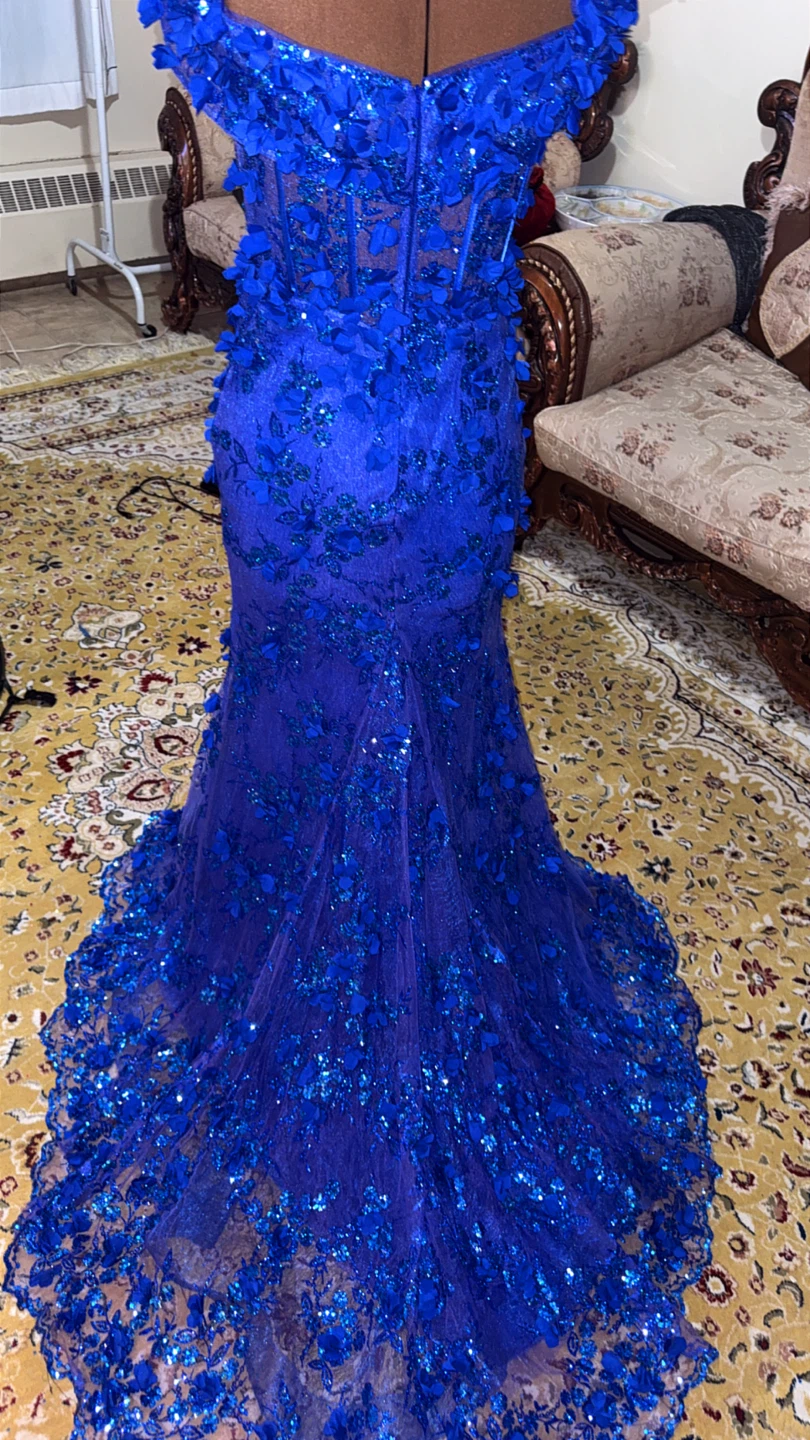Royal Blue Floral Appliqué Evening Gown
