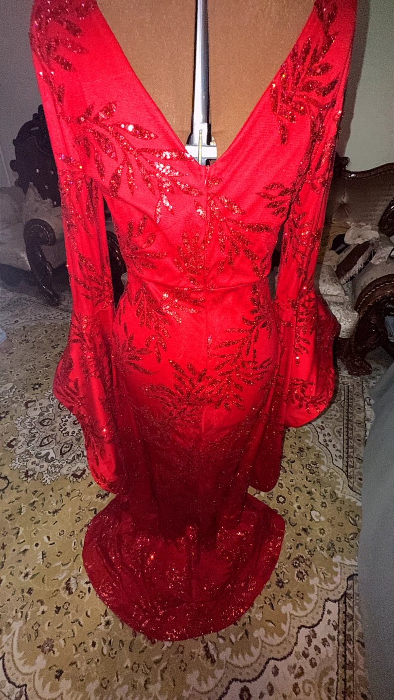 Red Sequin Long Sleeve Mermaid Dress with Bell Sleeves