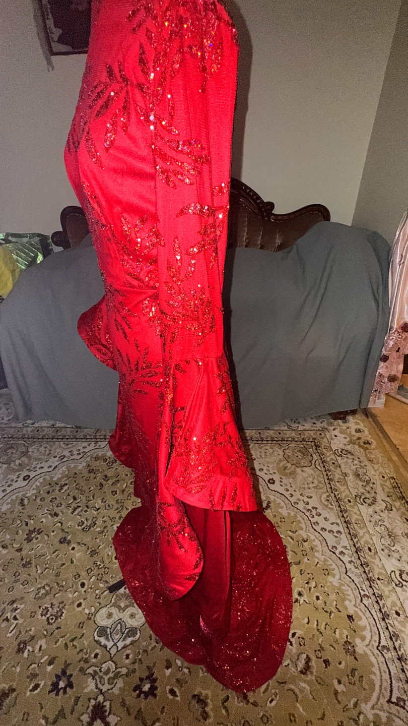 Red Sequin Long Sleeve Mermaid Dress with Bell Sleeves - photo 2