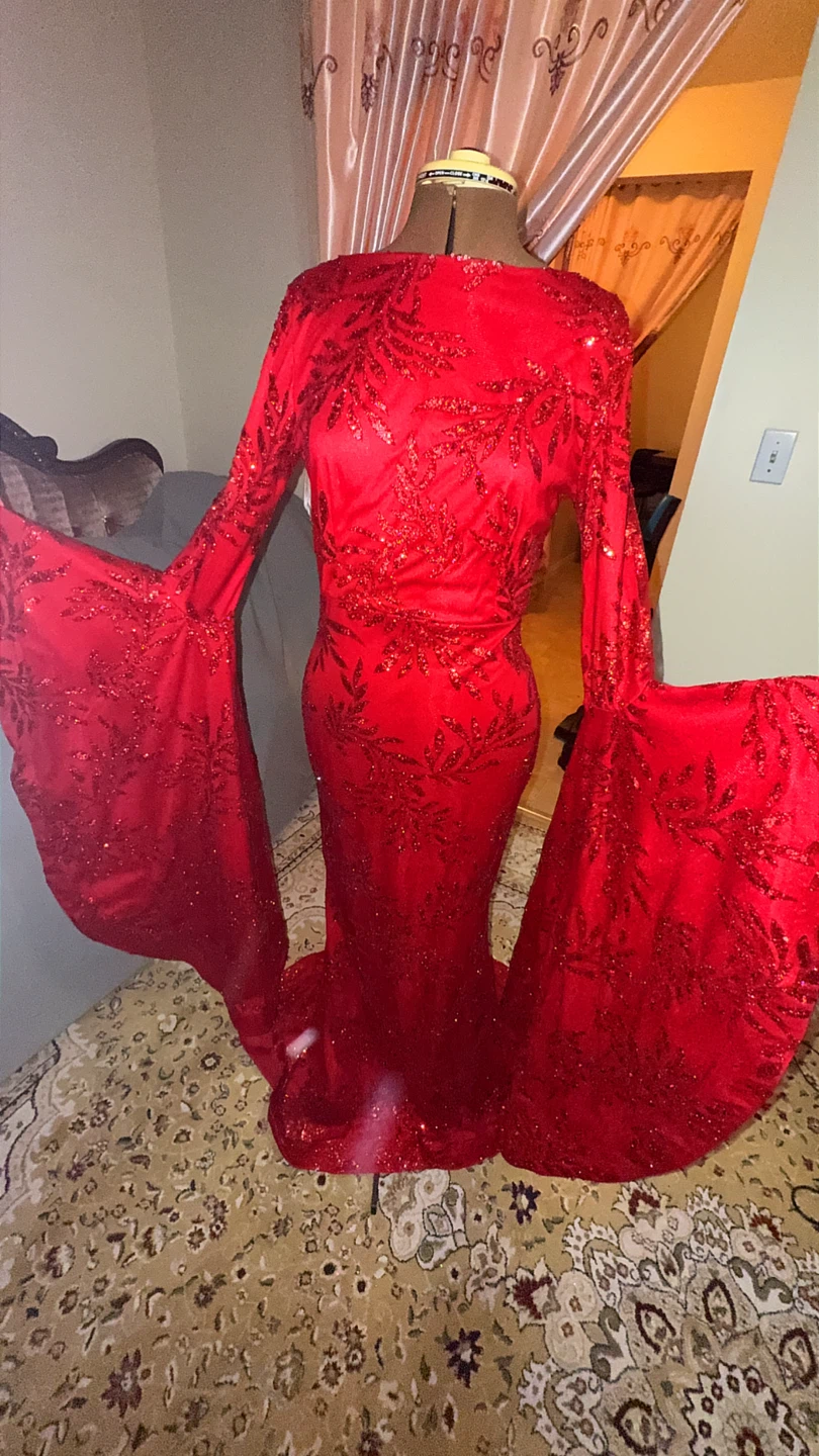 Red Sequin Long Sleeve Mermaid Dress with Bell Sleeves - photo 3