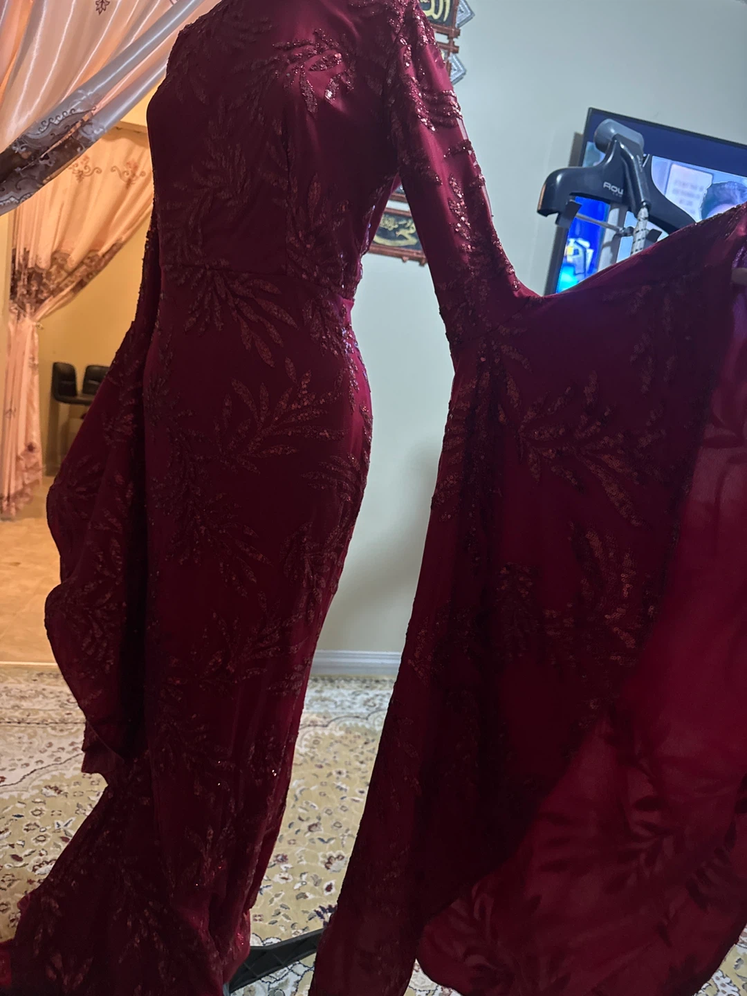 Red Sequin Long Sleeve Mermaid Dress with Bell Sleeves - photo 4