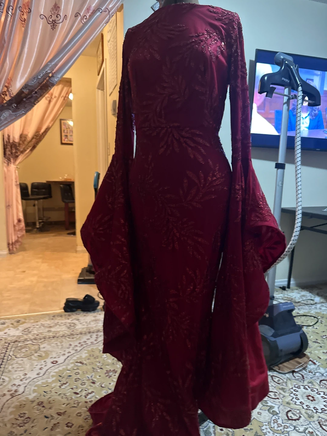 Red Sequin Long Sleeve Mermaid Dress with Bell Sleeves - photo 5