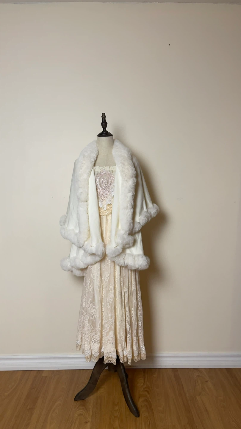 White faux fur trim capelet and lace dress
