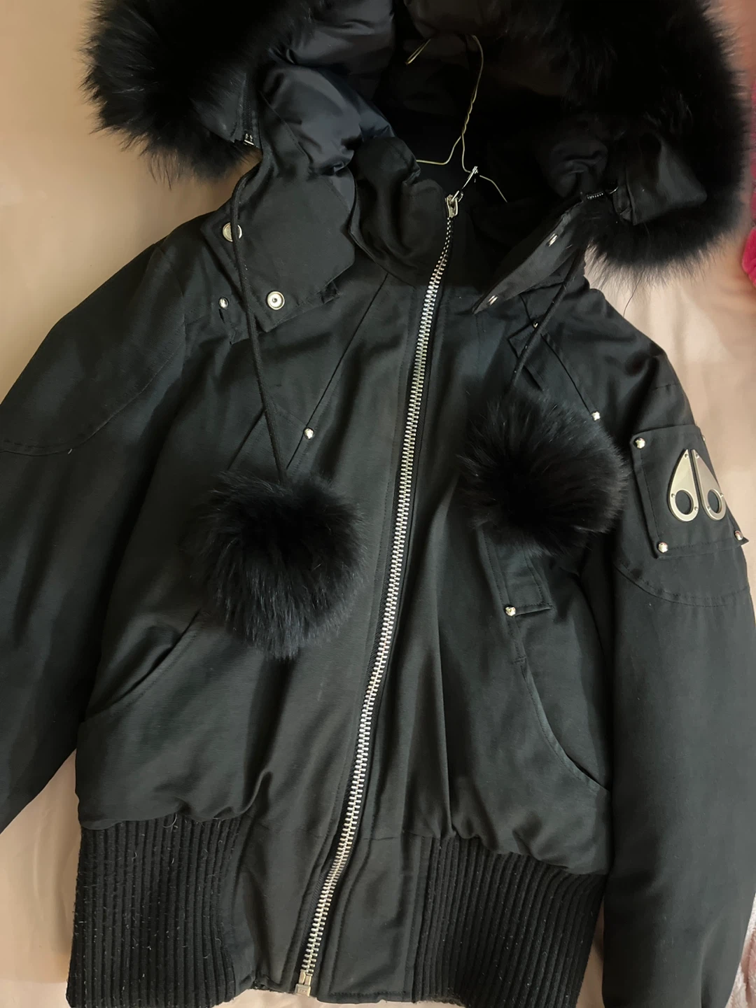 Moose Knuckles Black Bomber Jacket with Fur Trim