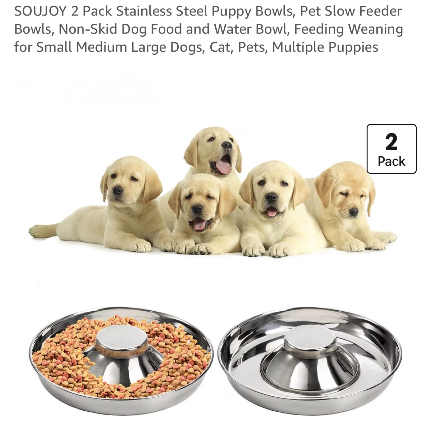 SOUJOY 2 Pack Stainless Steel Pet Slow Feeder Bowls