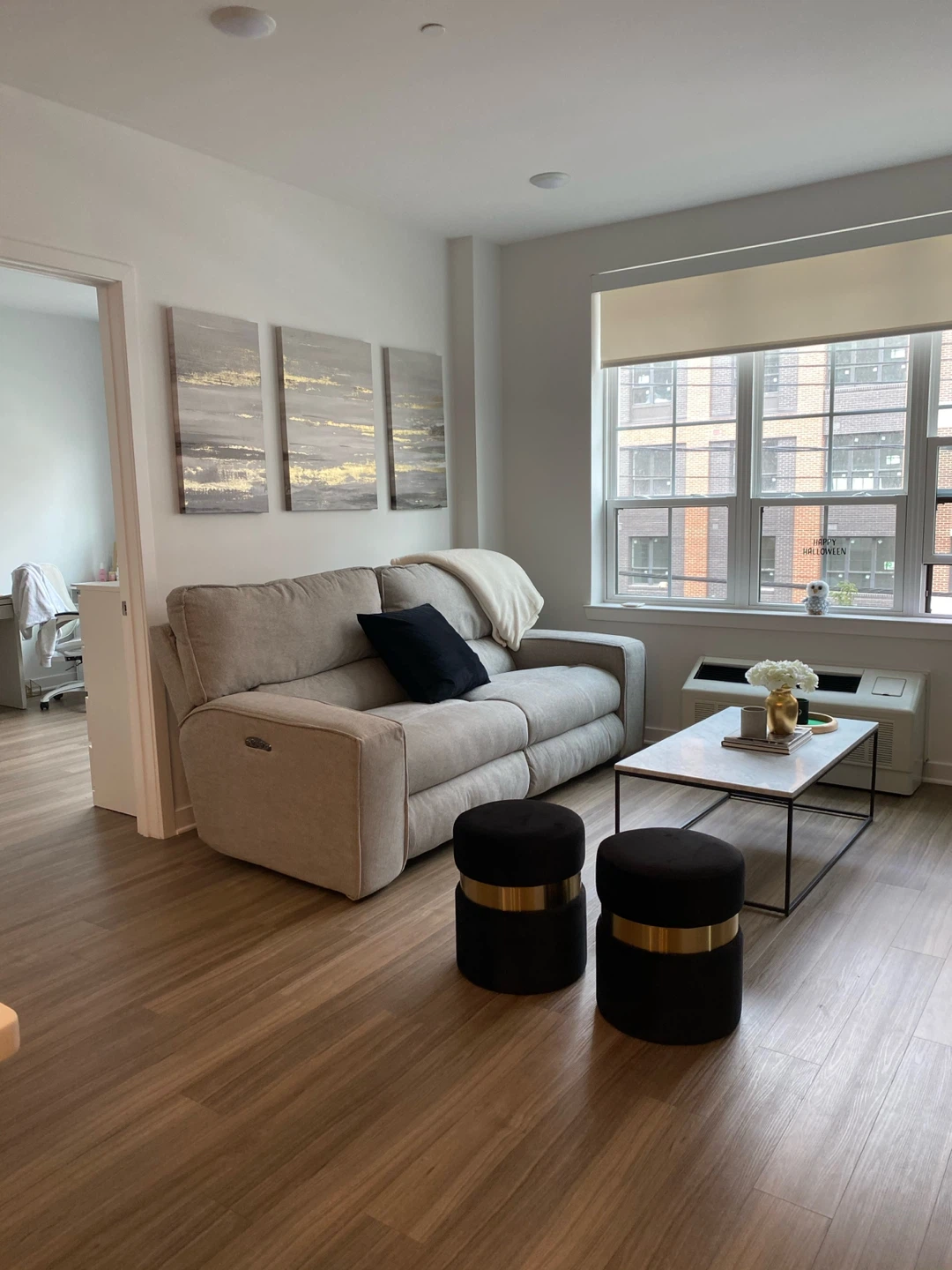 2 Black Velvet Ottomans / Stools / Seats with Gold detail