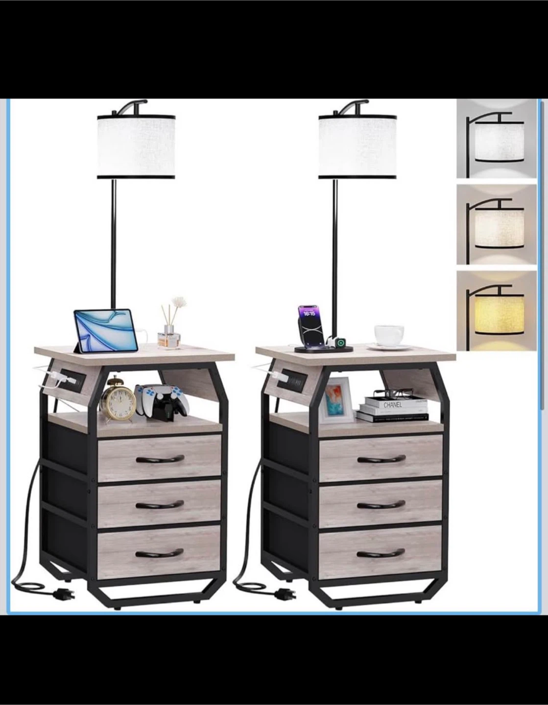 Set of 2 Nightstand with integrated Lamp and charging station