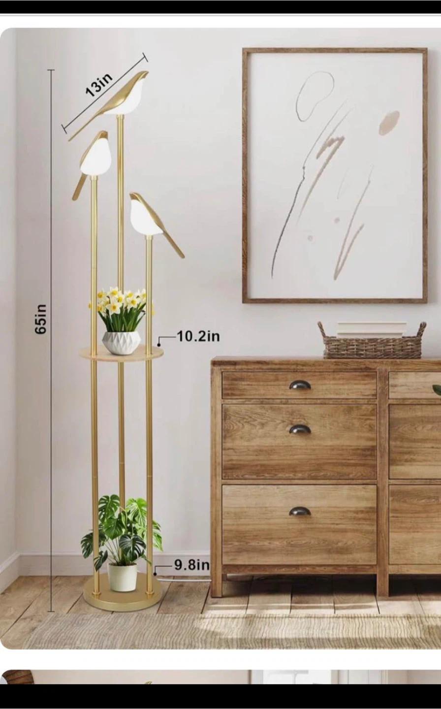 Gold 3 -Bird Floor Lamp with Shelves with 3 LED Bird lights